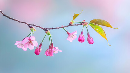 Delicate Pink Cherry Blossoms On Branch