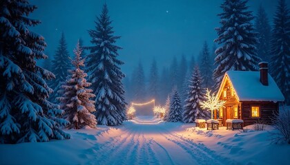 Fototapeta premium Snowy Cabin Winter Wonderland Night Scene with Lights