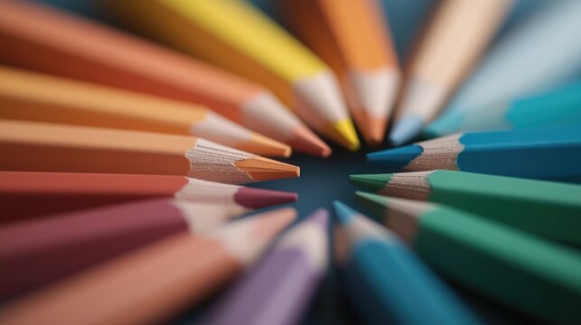 Colorful pencils arranged in a circular pattern, close-up view