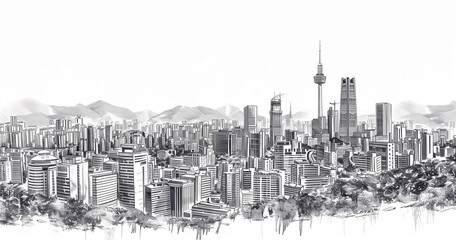 Watercolor illustration of Seoul skyline with reflection in water.