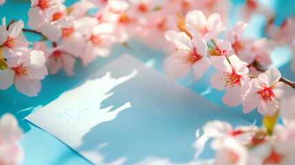 Cherry blossoms frame a blank note on a blue surface, evoking springtime tranquility