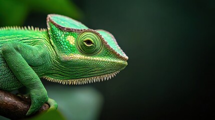 Fototapeta premium Vibrant closeup of a green chameleon perched on a branch, showcasing intricate textures and vivid colors in a natural setting