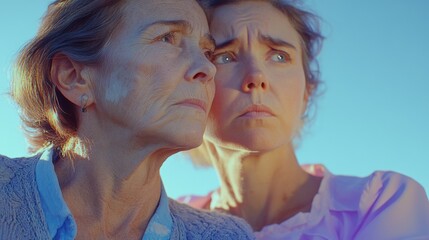 Obraz premium Two Women in Thoughtful Reflection with Concerns Against a Bright Outdoor Background