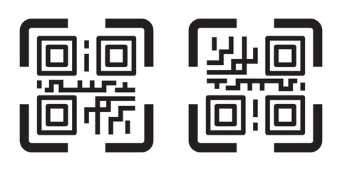 Scan QR code black icon set isolated on transparent background. Digital barcode scanning qr code sign for smartphone, payment, mobile app. Flat or line vector collection. Scan me phone tag symbol. 