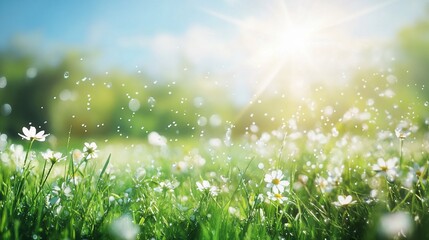 Obraz premium Sunny meadow daisies, spring bokeh background, nature