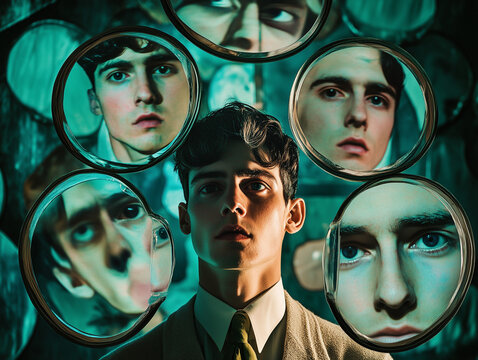 Surreal Portrait of a Young Man Reflected in Multiple Distorted Mirrors Creating a Dreamlike and Psychological Atmosphere with Abstract Optical Effects