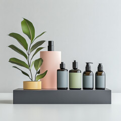 Fototapeta premium A well-arranged beauty or wellness product display, with a minimalist aesthetic, featuring pastel colors and plants on a flat surface Ideal for marketing materials due to its visually - AI-Generated