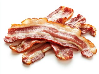 Obraz premium Slices of Crispy Bacon on White Background Showcasing Texture and Color Variety in Delicious Meat Product for Culinary Use and Food Presentation Ideas