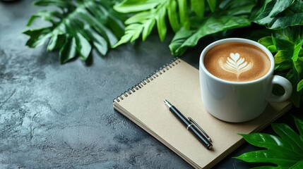 Cozy coffee break composition with lush leaves and writing essentials