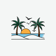 Discover a stunning minimalist tropical beach logo featuring palm trees, a golden sunset, and ocean waves. Perfect for branding, travel, summer themes, and digital designs