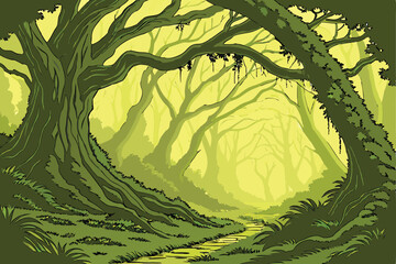 28 Lush forest, ancient twisted trees, arching branches, natural archway, mystical pathway, dappled sunlight, green canopy, ethereal atmosphere, misty background, panoramic view, fantasy woodland, enc