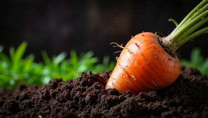 Fresh carrot emerging from dark, rich soil
