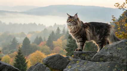Obraz premium Majestic maine coon cat on rocky outcrop sunrise in forested mountains nature photography autumn landscape captivating perspective feline beauty