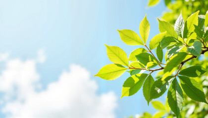 Obraz premium Fresh green leaves against a bright blue sky