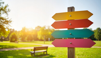 Colorful directional signpost in sunny park setting