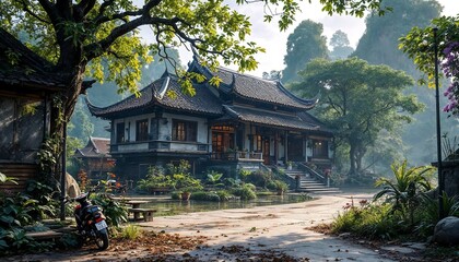 Fototapeta premium Serene Asian House Landscape in Lush Green Mountains
