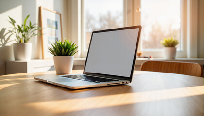 Fototapeta premium Laptop on wooden table with sunlight and plants