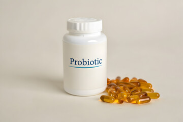 Clinical Grade Probiotics in White Container with Amber Capsules, Digestive System Support