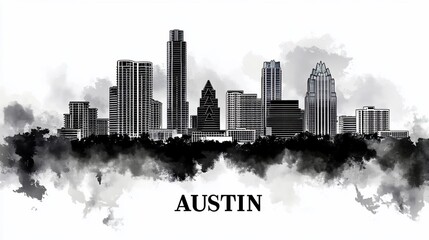 Naklejka premium Austin Skyline Watercolor, Cityscape, Texas, Urban, Background