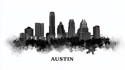 Austin skyline watercolor, Texas cityscape, urban background, print design