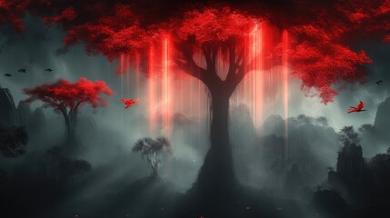 Crimson mystical forest.  Vast, ominous woods with a colossal, glowing red tree