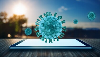 digital representation of coronavirus on tablet screen with blurred outdoor background