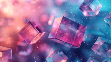Floating iridescent cubes in a vibrant bokeh background