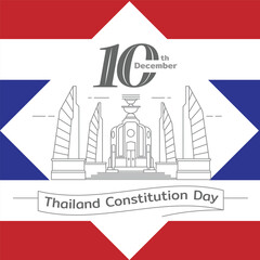 Thailand Constitution Day, Democracy Monument of Thailand cartoon illustration with Thai flag. Celebrated on December 10th. Flat vector style.