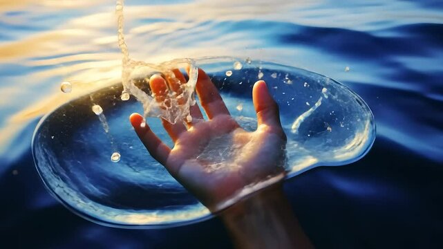 A hand reaching out into the water. Palms of water with palms of art. A blue wave glares at the light. A hand extending into the lifestyle water.