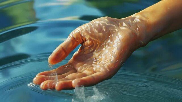 A hand reaching out into the water. Palms of water with palms of art. A blue wave glares at the light. A hand extending into lifestyle the water.
