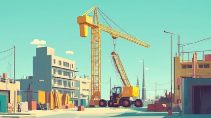 Cartoon Construction Crane Cityscape; Urban Building Site; Illustration for Education or Design
