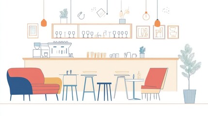 Modern cafe interior design, light fixtures, furniture, and seating area.  Possible use Stock photo for interior design inspiration