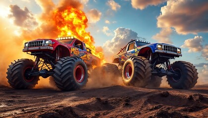 Monster Trucks Racing Sunset Dramatic Action Scene