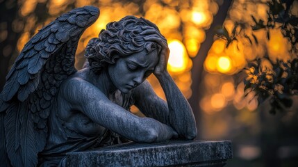 Fototapeta premium A Grieving Angel at Sunset: A Sculpture of Sorrow and Serenity