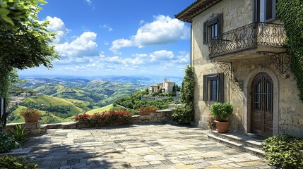 Italian villa courtyard overlooking hills on a sunny day
