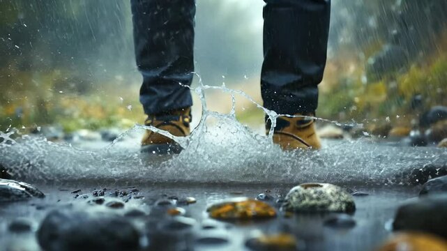 A person walking on rocks in the rain. A guy is wearing boots with yellow legs. A puddle of stones in the water. An individual strolling over stones in lifestyle the rain.