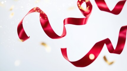 Flowing Red Ribbon Set Against Shimmering Gold Bokeh.