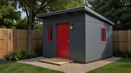 ADU is a tiny, contemporary garden shed with a gray façade and a red door.