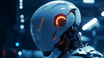Fototapeta premium A robot with a white helmet and orange lights on its face