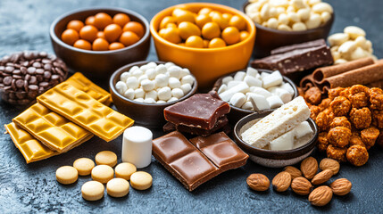 Colorful array of various types of chocolate including dark, milk, and white varieties displayed in an inviting arrangement.