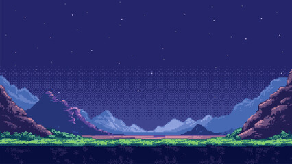 pixel art game level background, space, planet surface, starry sky, mountains. 8bit retro arcade game. vector illustration © hiten666