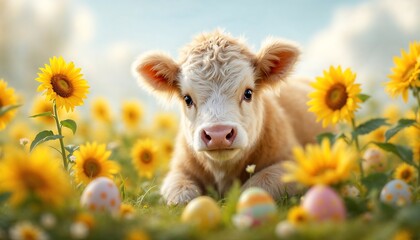 Obraz premium Adorable Calf in Sunflower Field Easter Eggs