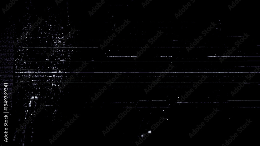 Poster Digital noise. Abstract distortion static texture. Vector. Minimalistic digital glitch art. pixel graphics. VHS grainy texture. Black background. Retro game aesthetics backdrop.