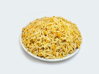 cooked Rice basmati rice served in a white plate, isolated over a white background