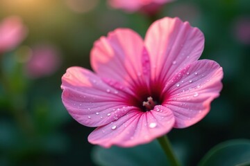 Obraz premium Delicate pink flower with dew drops on its petals, sparkle, closeup, nature