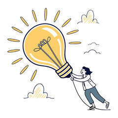  A conceptual idea illustration depicts an individual reaching towards a radiant light bulb, symbolizing a moment of inspiration and creativity.	