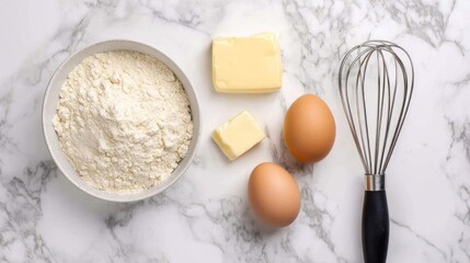 Baking ingredients arranged on marble countertop