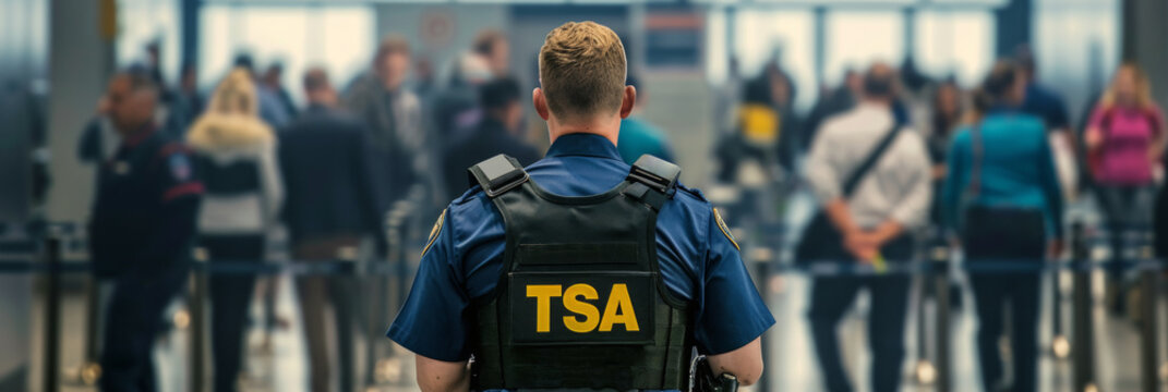A TSA officer stands watch at a busy airport security checkpoint, monitoring travelers as they pass through screening.
