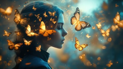 Girl, butterflies, forest, magical, serene, fantasy, nature, peace