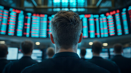 bustling stock exchange floor with traders focused on screens displaying market data, showcasing intensity of financial trading